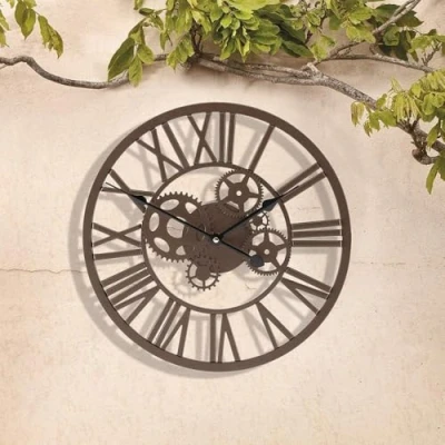 Image of Marco Paul Large Outdoor Wall Clock 35cm Brown Mechanical Skeleton Indoor Garden Clocks Waterproof Quartz Battery Operated Home Kitchen Living Room Decor