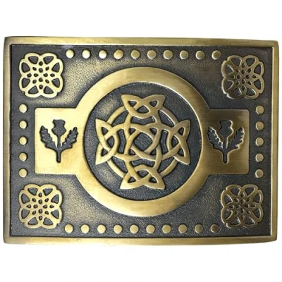 Image of Authentic Scottish Kilt Belt Buckle Classic Thistle Design, Highland Wear Accessory for Men, Traditional Celtic Pewter Buckles (Brass Antique)