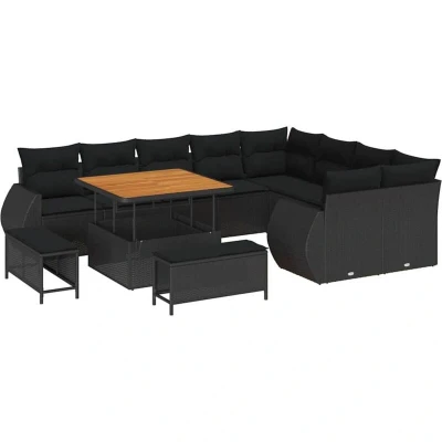 Image of vidaXL 12 Piece Garden Sofa Set with Cushions Black Poly Rattan Acacia