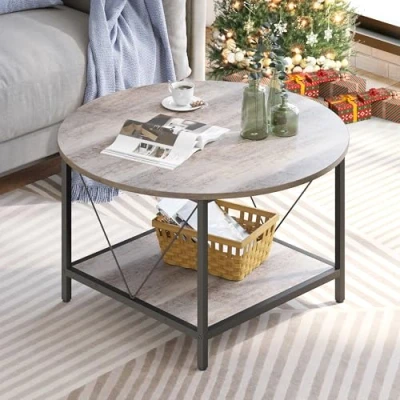 Image of YITAHOME Round Coffee Table for Living Room,80x80x46cm Retro Central with Storage Shelf, Industrial Modern Sturdy Metal Legs Simple Center Home Office