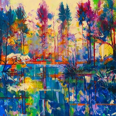 Image of The Art Group Doug Eaton (Blue and Green Reflections) Canvas Print 85 x 85cm, Wood, Multi Colour, 1.3 cm