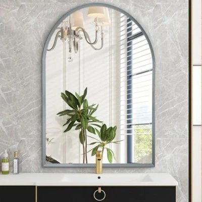 Image of HLFMVWE Arch Wall Mirror Bathroom Black Metal Framed Mirror, Arched Mounted Vanity for Bedroom Entryway Living Room 45 x 65CM