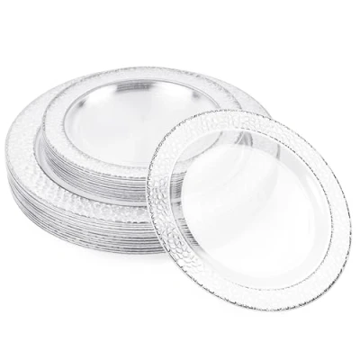 Image of MATANA 40 Premium Clear Plastic Plates with Hammered Silver Rim 20 26cm Dinner Plates, 19cm Dessert Elegant &amp; Reusable Party for Weddings, Birthdays, BBQ, Parties