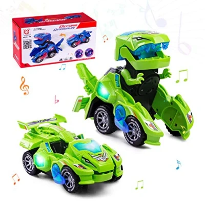 Image of Highttoy Transforming Dinosaur Toys for 3 7 Year Old Boys Girls,Automatic Car with Flashing Lights and Sound Kids Green