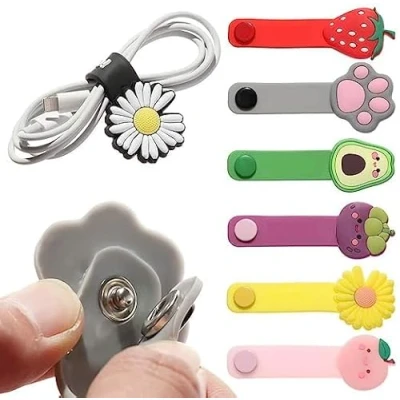 Image of 12PCS Silicone Cable Organisers Storage Metal Snap Button Ties Cute Cartoon Reusable Manager Straps Wire Wrap Releasable Tidy Headphone Cord Keeper Set Of 12