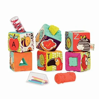 Image of B. Toys ABC Block Party Baby Blocks Soft Fabric Building for Toddlers Educational Alphabet with 6 Textured Toy &amp; 5 Shapes Grab Stack Bpa Free