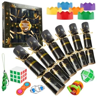 Image of KreativeKraft Christmas Crackers Pack of 6, Party Decorations (Black Fidget Toys)