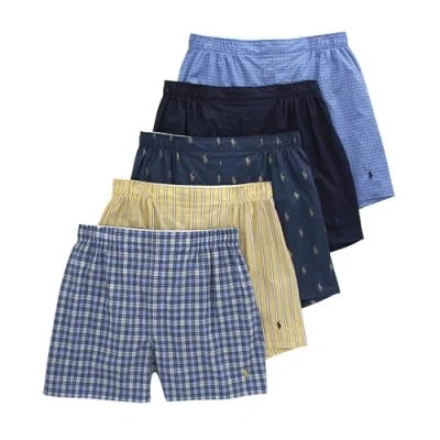 Image of Polo Ralph Lauren Mens Classic Fit Woven Boxers 5 Pack, Muller Plaid/Cruise Navy/Rustic Navy/Summer Stripe/Sag Harbor, XXL