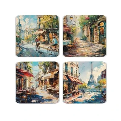Image of French Classics Cork Coaster Set Parisian Street Watercolour Artwork of Four (4) Square Drinks Coasters