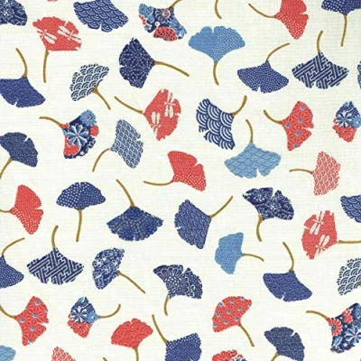 Image of Textiles français GINKGO LEAVES fabric reds, blues and grey on cream white base cloth 100% Cotton Print 160 cm (63 inches) wide Per half metre length increment*
