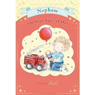 Image of Nephew Birthday Card Little Boy, Red Balloon, Toy Fire Engine &amp; Stars 9&quot; x 6&quot;