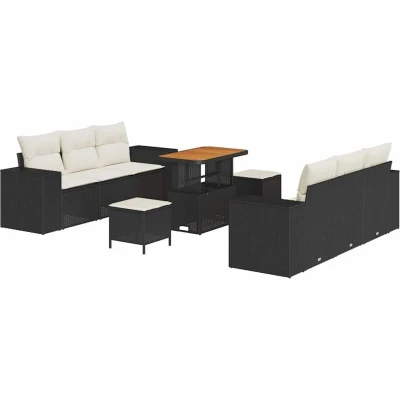 Image of vidaXL 9 Piece Garden Sofa Set with Cushions Black Poly Rattan Acacia