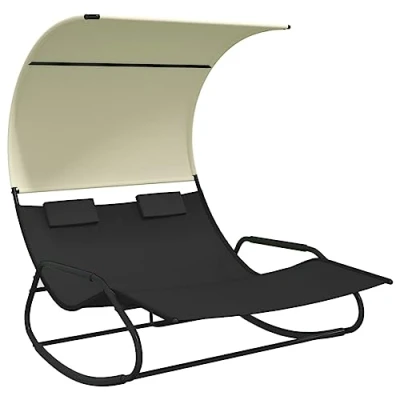 Image of vidaXL Rocking Double Sun Lounger with Canopy Black and Cream Powder Coated Steel Frame Water Resistant Textilene Fabric for Outdoor Patio, Poolside, Garden Removable Pillows