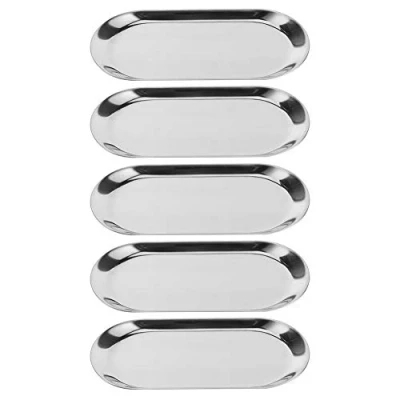 Image of 5PCS Oval Shaped Serving Tray Stainless Steel Platter Bathroom Sink Vanity Trays Cosmetics Jewelry Organizer Towel Tray(Silver)