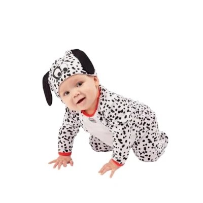 Image of Smiffys Dalmatian Baby, Black &amp; White All In One Hat, Halloween Child Fancy Dress, Animal Dress Up Costumes