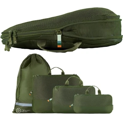 Image of Travel Dude Compression Packing Cubes for Made from Plastic Bottles Bag Organiser Backpacking, Suitcases &amp; Bags Clothes Shoes (4 pieces, Forrest Green)