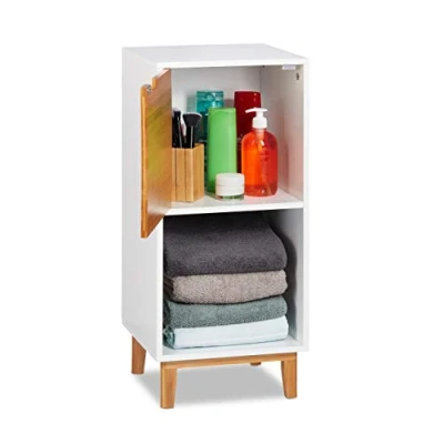 Image of Relaxdays Standing Shelf, Scandinavian Bookcase with Door, MDF and Bamboo Side Cabinet, HWD 71x32x30 cm, White
