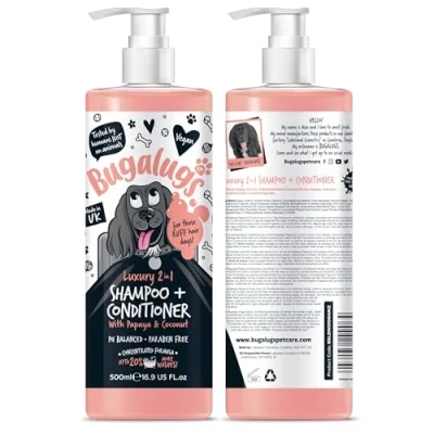 Image of BUGALUGS dog shampoo Luxury 2 in 1 Papaya &amp; Coconut grooming products for smelly dogs with fragrance, best puppy shampoo, professional groom Vegan pet conditioner