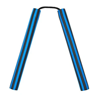 Image of Playwell Foam Rubber Safety Training Nunchucks Blue/Black Striped Corded