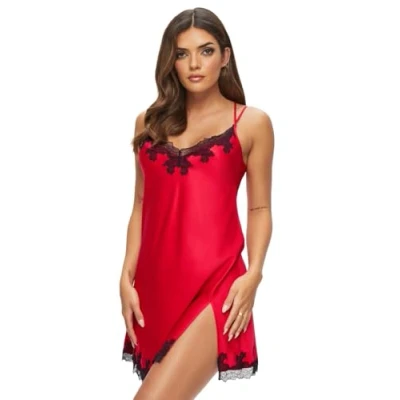 Image of Ann Summers Sorella Planet Chemise Night Dress for Women, Satin Nightie Shoulder Strap with Lace Trims, Women&#039;s Nightwear Red