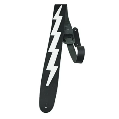 Image of Perri’s Leathers Ltd. Guitar Strap Leather The Famous Collection Lightning Bolt Black/White Adjustable For Acoustic/Bass/Electric Guitars Made in Canada (BLB 218)