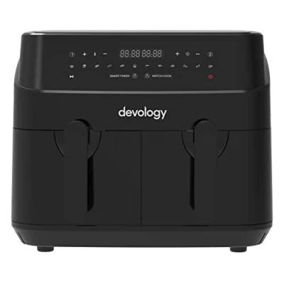 Image of Devology Double Air Fryer, 9L, 2x4.5L Dual Zone, 50 Recipe Cookbook, 12 Cooking Programs, Digital LED Display, Two Zone Airfryer,Healthy Oil free Non Stick, Dishwasher Safe Appliance
