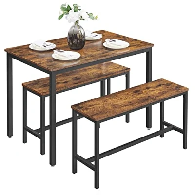 Image of VASAGLE Dining Table with 2 Benches, 3 Piece Set, Kitchen of 70 x 110 75 cm, Benches 30 97 50 cm Each, Steel Frame, Industrial Design, Rustic Brown and Black KDT070B01