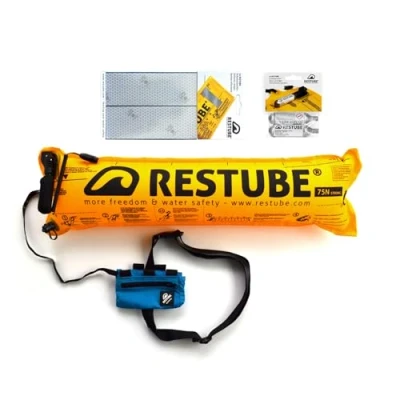 Image of Restube Extreme Wild Swimming Safety Buoy for Use in Rough Conditions Includes One Pull Inflatable Open Water Buoyancy Aid, 2 Replacement CO2 Cartridges &amp; Reflective Tape azure blue RT 01301 SP s