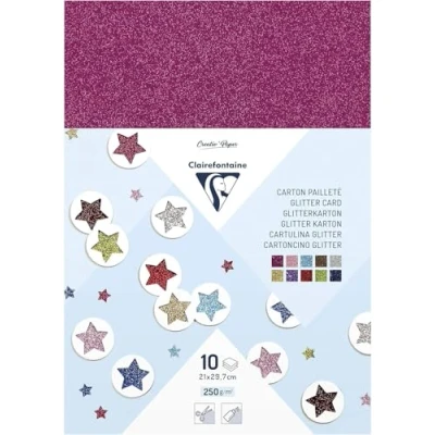 Image of Clairefontaine Ref 195598C Glitter Cardboard (Pack of 10 Sheets) A4 (210 x 297mm) in Size, 280gsm Card, Glittery Fronts Suitable for Crafting Assorted Colours