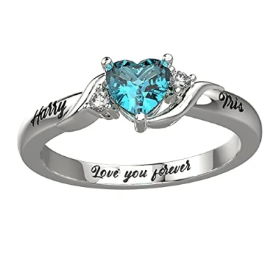 Image of Aprlwealle Personalised Heart Birthstone Ring Custom Sterling Silver Promise Rings for Women Teen Girls Engagement Band Tiny Stackable