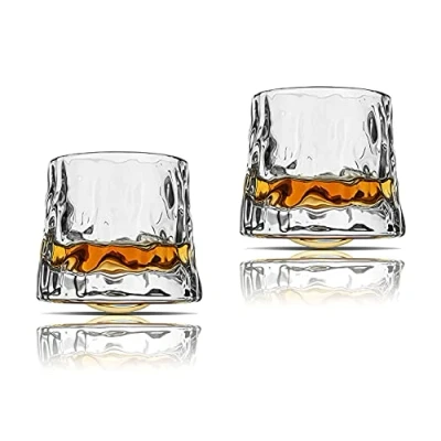 Image of Earnmore Whiskey Glasses Rotatable Decompression Old Fashioned Set of 2 Bar Style Glassware for Bourbon Scotch Rum (Hammer Texture, 5 oz)