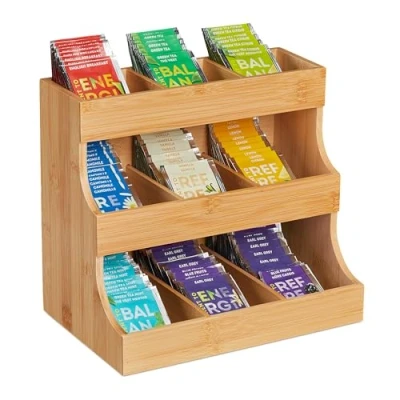 Image of Relaxdays Tea Organiser, 9 Compartments, Bamboo, HxWxD: 24 x 27 17.5 cm, Bags &amp; Coffee Pads, Storage Rack, Natural