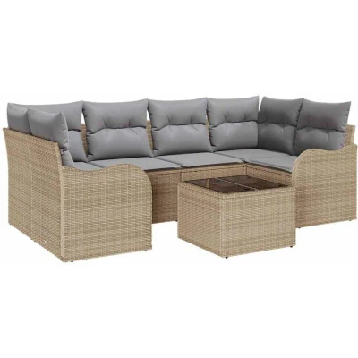 Image of vidaXL 7 Piece Garden Sofa Set with Cushions Beige Poly Rattan