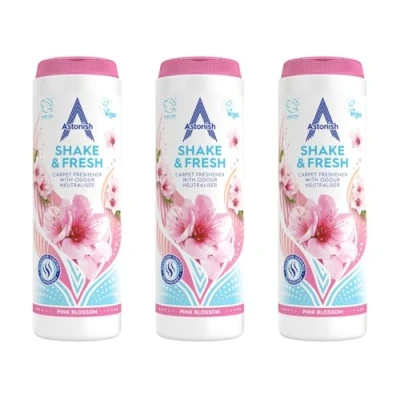 Image of Astonish Shake &amp; Fresh Carpet Freshener, Eliminates Odours, Pink Blossom, 3 x 350g