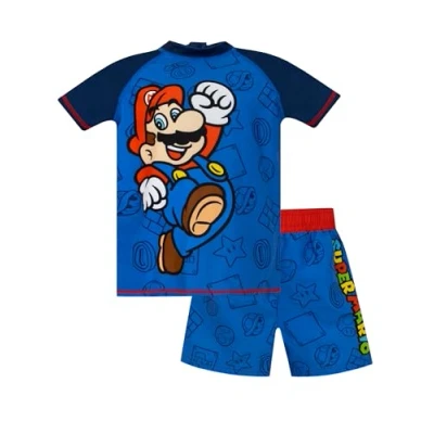 Image of Super Mario Boys Swim Set Two Piece Swimming Costume Gaming Kids Rash Vest and Shorts Blue 11 12 Years