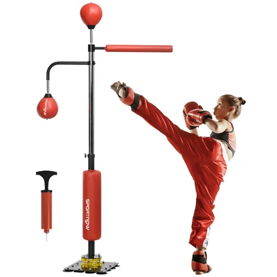 Image of SPORTNOW 140 205cm Inflatable Boxing Bag with Reaction Bar Challenge, Freestanding Punching Training Equipment, Suction Cups, Speed Bag, MMA Red