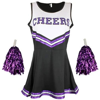 Image of Cheerleader Fancy Dress Outfit Uniform High School Costume With Pom Poms Black And Purple Cheerleader, Medium