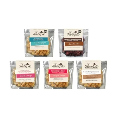 Image of Joe &amp; Seph&#039;s Summer Popcorn Tasting Selection (5x 30g), Salted Caramel, Caramel Belgian Chocolate, White Chocolate Raspberry, Strawberries Cream,