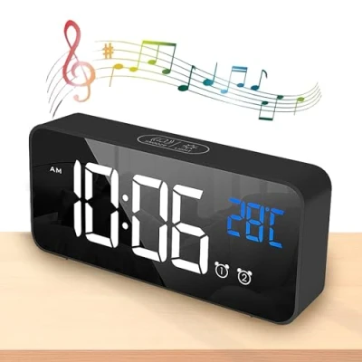 Image of WDEC LED Digital Alarm Clock, 2 Alarms Set with 13 Music, Temperature Display, Snooze, 4 Levels Adjustable Brightness Dimmer, Volume, USB Charging Port, Portable Mirror Clock (Black)
