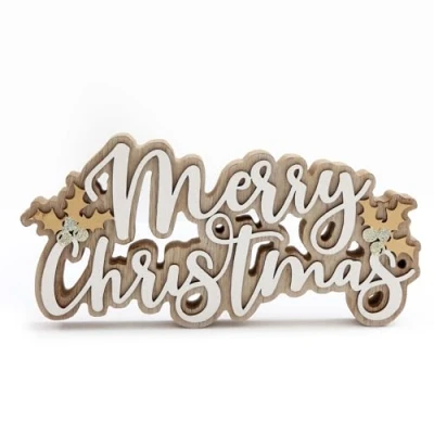 Image of Carousel Home Small Merry Christmas Word Block Freestanding Wooden Sign Standing Letters Ornament 22cm