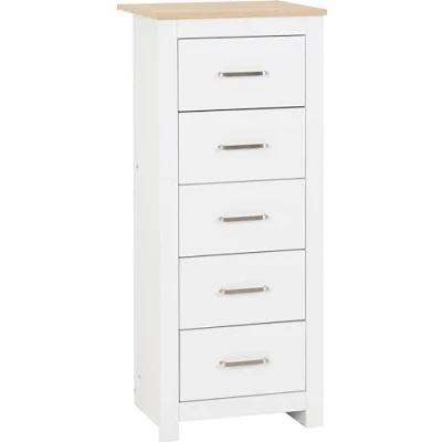 Image of Seconique 5 Drawer Narrow Chest, Engineered Wood, White/Oak Effect, W 480mm x D 400mm H 1140mm