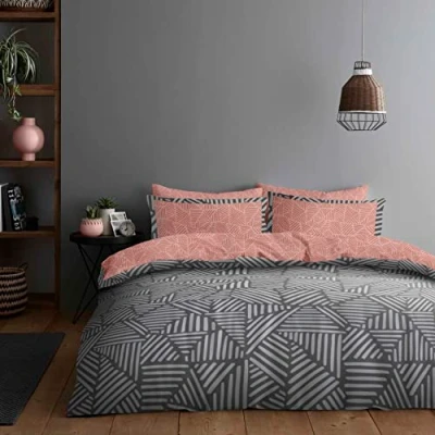 Image of Super Dreamer 4 Pcs Printed Striped Bedding Set Reversible Duvet Cover Double,Soft Fitted Sheets with Pillowcases Polycotton Complete Bed