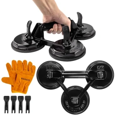 Image of BAUSATZ 140kg Suction Cup Heavy Duty Cups for Glass Suckers Lifters to Lift Large Tile Lifter Car Dent Puller (Aluminium, Black, 3 Claw, 2 Packs)