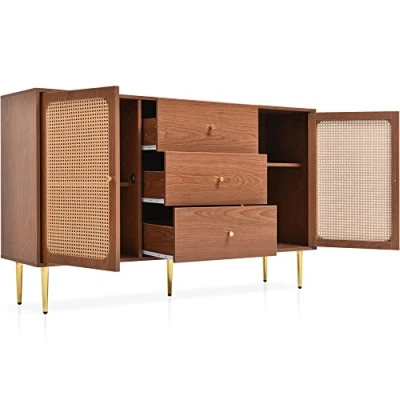 Image of Merax Rattan Sideboards for Living Room, Storage Kitchen Cabinet with 2 Doors and 3 Drawers, Walnut Bedroom Chest Adjustable Shelf, 90x150x40cm