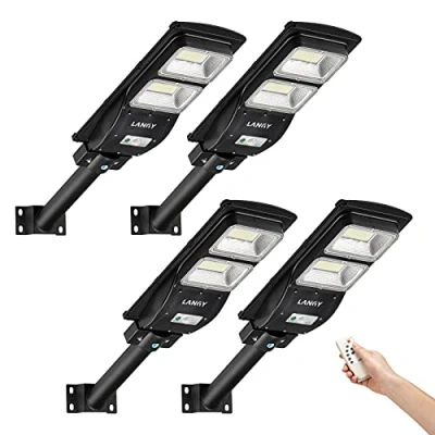 Image of 4 Pack 60W Solar Street Light,120 Led 6000 Lumens with PIR Motion Sensor, Dusk to Dawn Security Light for Square,Yard, Garden,Basketball Court LANGY
