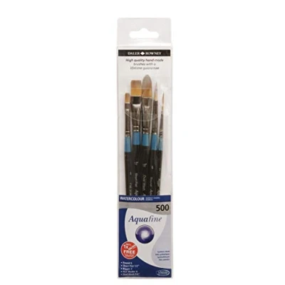 Image of Daler Rowney Aquafine Watercolour Brush, Soft Synthetic Hair, Short Handle, Round, Oval Wash, Flat, Rigger and Flat Shader, , Wallet, Set 500, 5 Assorted brushes