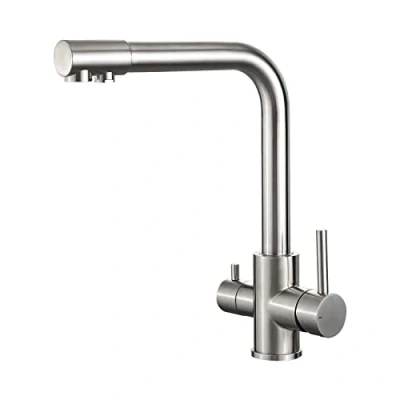 Image of IBERGRIF M22109A 3 Way Water Filter Tap, Kitchen Drinking Taps Sink Mixer Swivel Spout with 2 Handles, Hot, Cold and Tap for Kitchen, G3/8&quot; Hose, 360 Swivel, Brushed Nickel