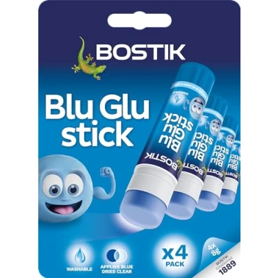 Image of Bostik Blu Stick Glue Sticks, Goes on Blue, Dries Clear, Solvent Free, Washable, 4 x 8g sticks