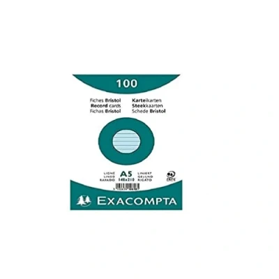 Image of Exacompta Ref 10818SE Bristol Lined Record Cards (Pack of 100) A5 in Size, 205gsm Card, Compatible with Printers Suitable for Exam Revision &amp; Notes Blue