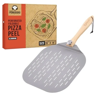 Image of Chef Pomodoro Aluminum Metal Perforated Pizza Peel with Foldable Wood Handle for Easy Storage, Spatula, Gourmet Luxury Paddle Baking Homemade Bread (36 x 40 cm)